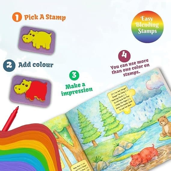 Clever Fox Funlab Safari Stamp Art: DIY Coloring & Story Puzzle Set for Kids 3+ | 8 Jumbo Foam Stamps, 8 Pens, 16 Activity Pages & DIY Bookmarks | Creative Art & Learning Kit for Boys & Girls 4