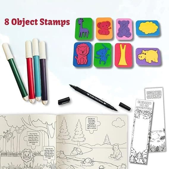 Clever Fox Funlab Safari Stamp Art: DIY Coloring & Story Puzzle Set for Kids 3+ | 8 Jumbo Foam Stamps, 8 Pens, 16 Activity Pages & DIY Bookmarks | Creative Art & Learning Kit for Boys & Girls 2
