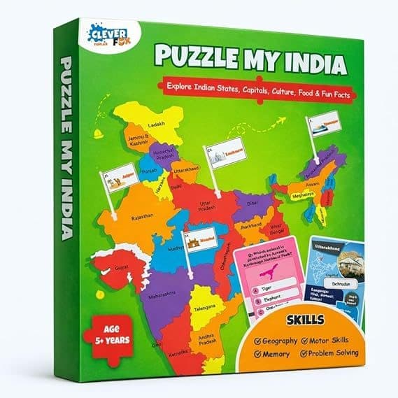 Puzzle My India – States & Capitals Educational Map Puzzle for Kids | India Jigsaw with State-Shaped Pieces, Mini Flags, 28 Flash Cards with Facts & Q&A (Age 5+)