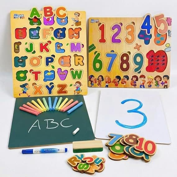 2-in-1 Wooden Alphabet & Number Puzzle Set with Interactive Phonics – Montessori ABC & 123 Board with Double-Sided Chalkboard & Whiteboard, Marker, Chalk – Learning Toy Age 3-5