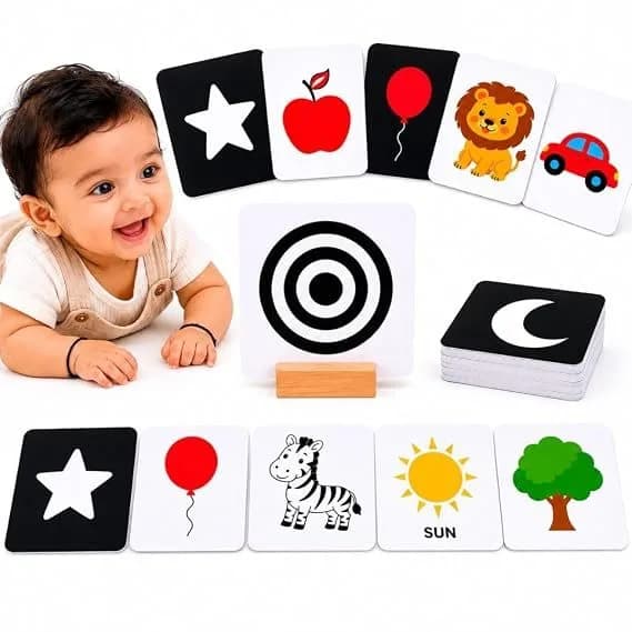 Clever Fox 3-Stage Baby Flash Cards with Wood Stand | 32 High Contrast B&W to Full Color Sensory Objects | 22-Page Parenting Guide & Manual | Montessori Tummy Time Newborn Toys | 0-18 Months Age Range